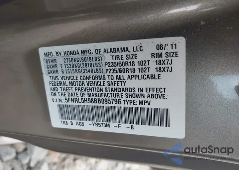 2011 Honda Odyssey Touring/Touring Elite из США, поврежденный, VIN 5FNRL5H98BB095796